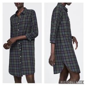 Zara premium denim collection green plaid shirt dress size small